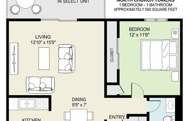 1 bed, 1 bath, 590 sqft, $900, Unit 1-114