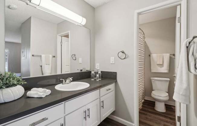 A bathroom with a white sink and a toilet.