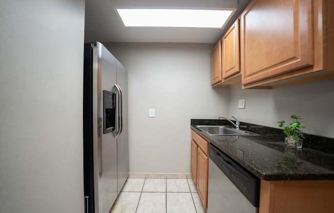 A kitchen with a black counter top and a black dishwasher.