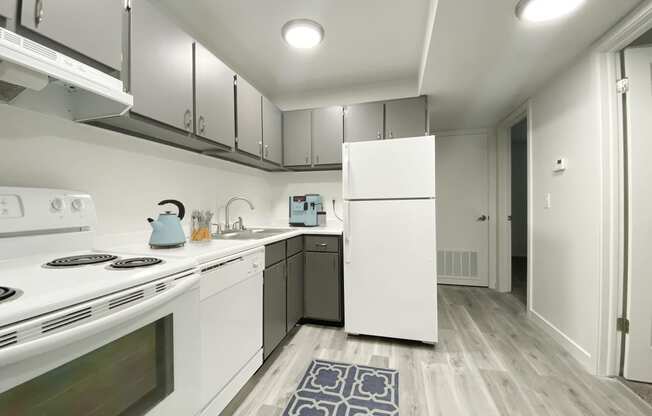 L-shaped kitchen with oven, stove top, range hood, dishwasher, sink, and full-size fridge from left to right.at Summit, Pocatello