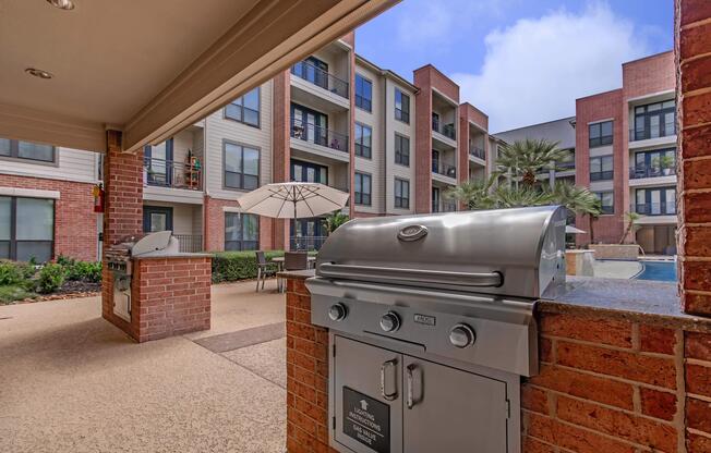 a stove and a brick building