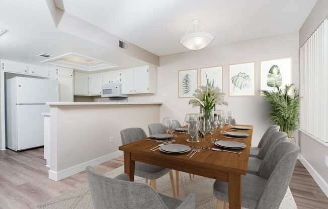 furnished dining room with kitchen