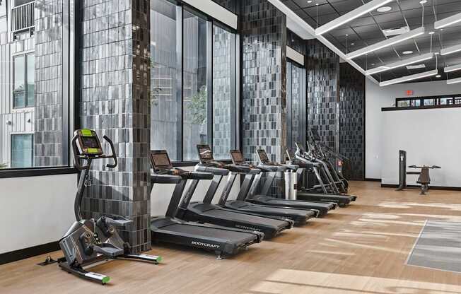 A gym with treadmills and elliptical machines.