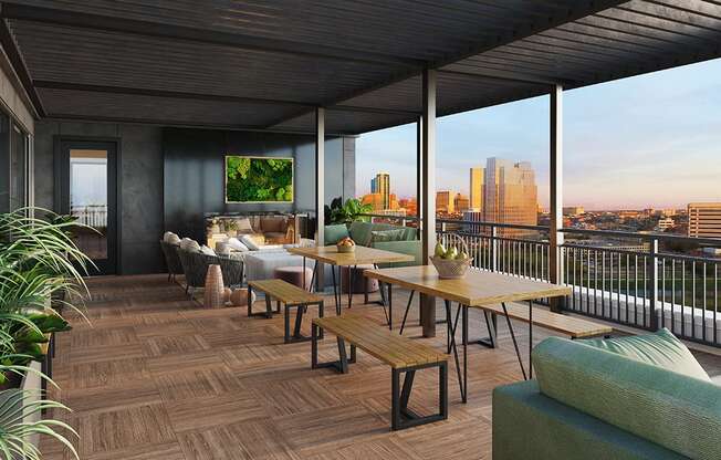 a rendering of a rooftop terrace with a couch and tables