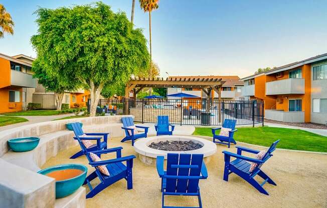 Blue Chairs And  Round Firepit at Pacific Trails Luxury Apartment Homes, Covina