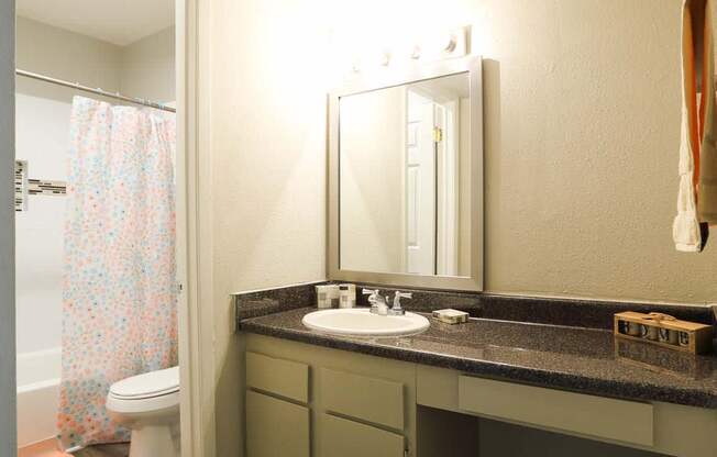 Bathroom countertops and double sink at Willow Creek Apartments, Texas, 77012