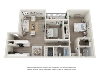 Two bedroom Two bathroom floor plan with 964 square feet. at Rivercrest Apartments, Sacramento, CA 95826