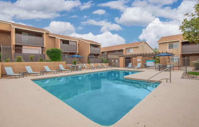 a pool next to a building