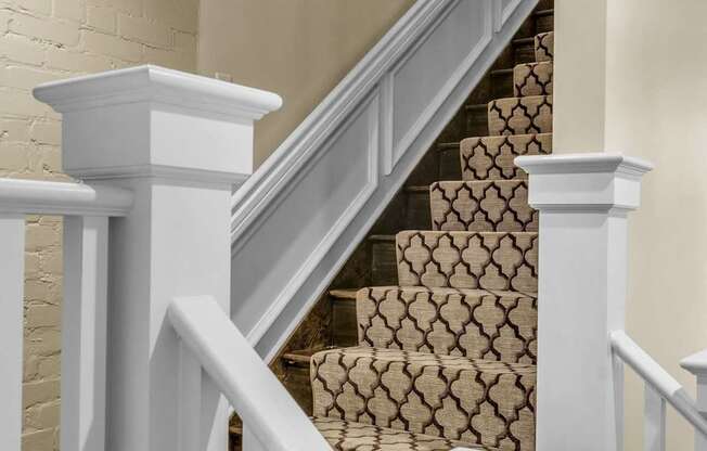 A staircase with a beige carpeted runner and white railings at The Knights @ 506 Delaware Apartments, Buffalo, NY