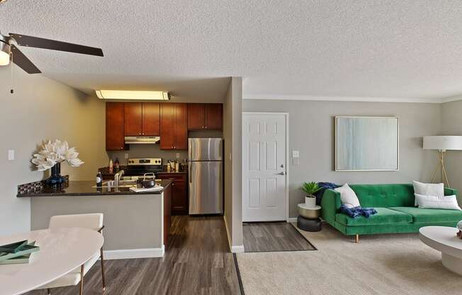 apartment interior with view of living room and kitchen  at OceanAire Apartment Homes, Pacifica, CA, 94044
