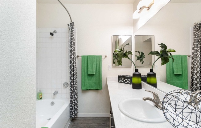 a bathroom with a tub and a sink and a mirror