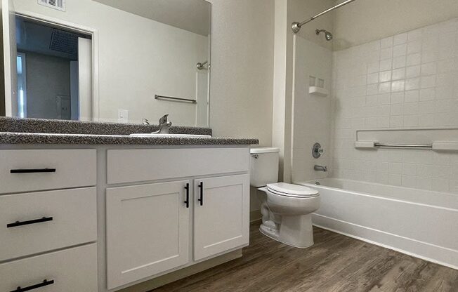 a bathroom with white cabinets and a sink and a toilet