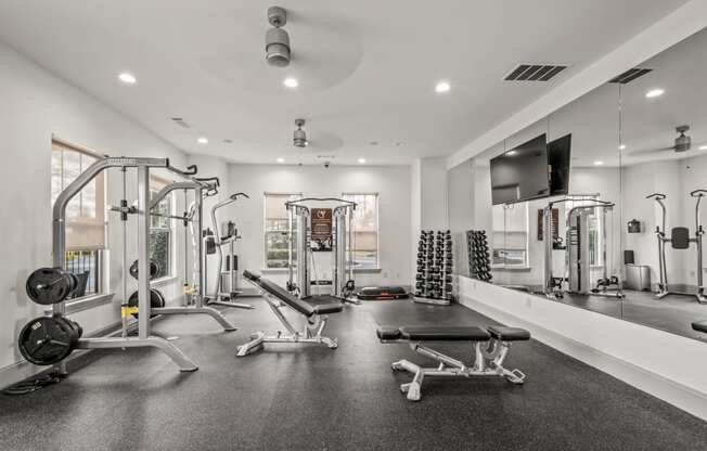 a gym with a row of barbells in a room with a mirrored wall