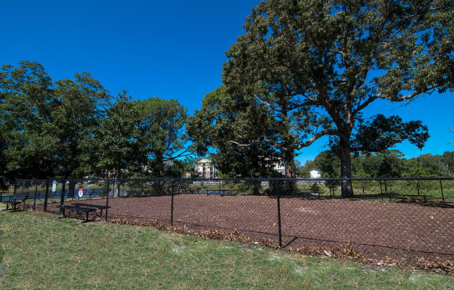 a park with a fenced in area and trees