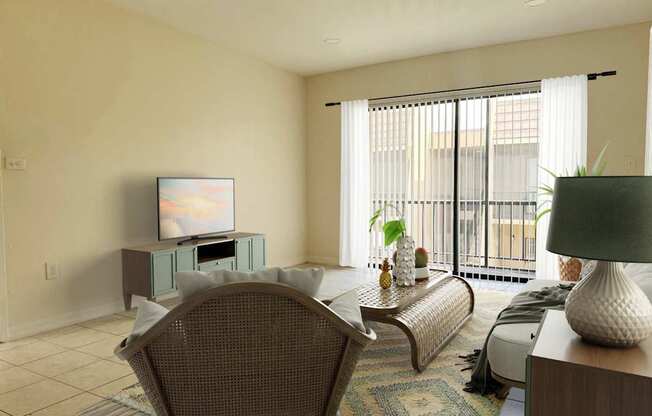 a living room with a couch and a table