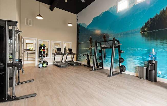 A gym with a wall mural of a lake and mountains.