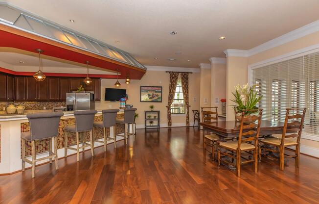 a dining room table in front of a building