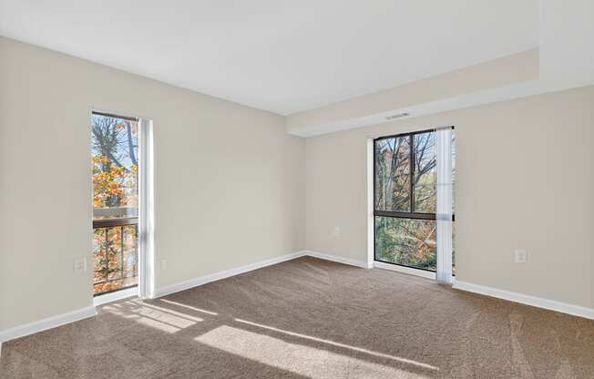 A room with a carpeted floor and two windows.