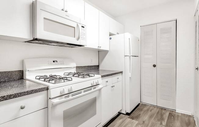 Kitchen with White appliance, gas stove, wood plank flooring, speckled gray countertop