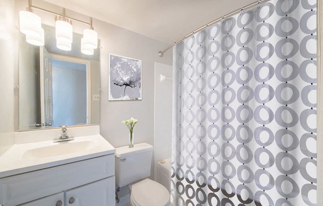 a white bathroom with a shower curtain and a sink at Avondale Overlook, Maryland, 20782
