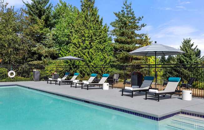 A pool surrounded by trees and chairs under an umbrella.