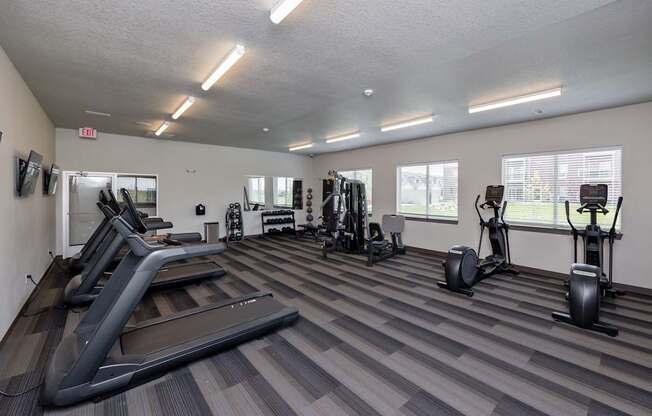 A gym with treadmills, weights, and exercise machines.