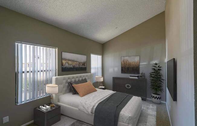 A bedroom with a large bed, a nightstand, and a plant.