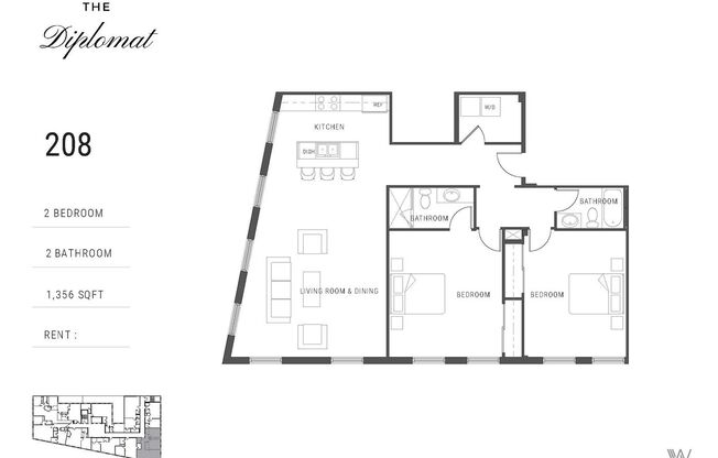 2 beds, 2 baths, 1,356 sqft, $2,395, Unit 208