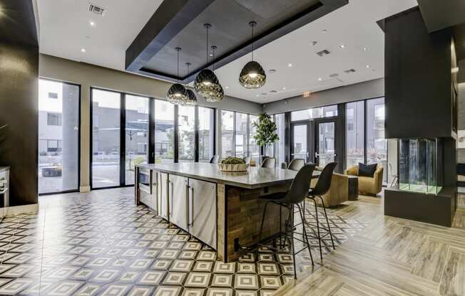 resident social lounge kitchen at Novo Apartments