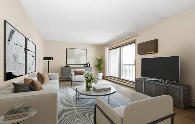 a living room with a couch and a table and a television. Anoka, MN Dellwood Estates
