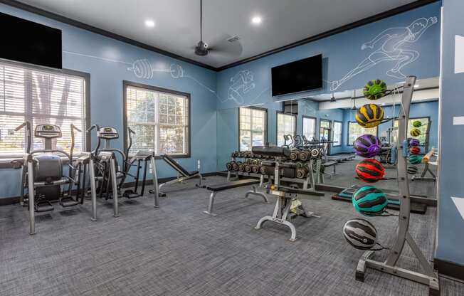 Summermill at Falls River Apartments fitness center with weights