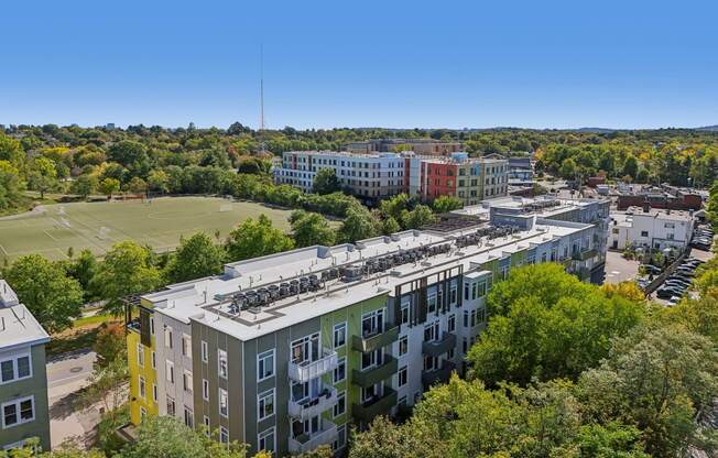 Aerial external view of the property and soccer field at Park77 Apartments, Cambridge, MA, 02138