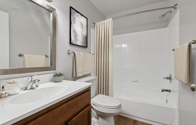 A white bathroom with a toilet, sink, and shower.