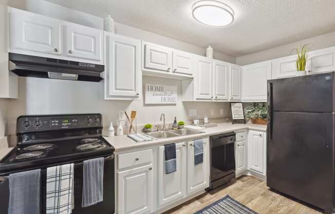 the preserve at ballantyne commons apartment kitchen with black appliances and white cabinets