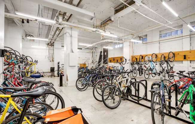 A bike shop with many bicycles on display.