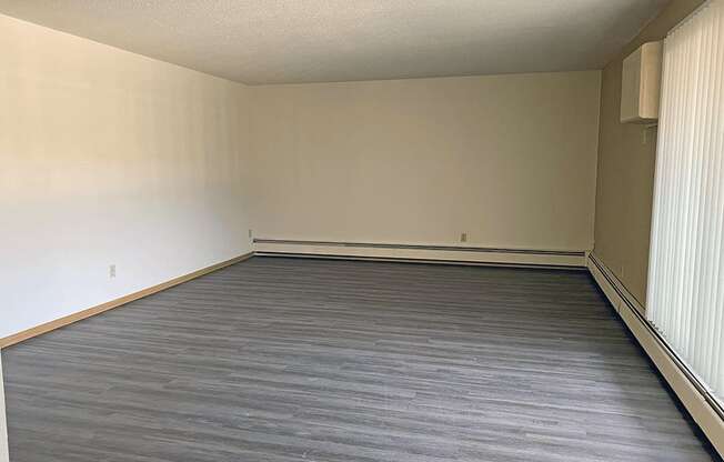 an empty room with wood flooring and a window