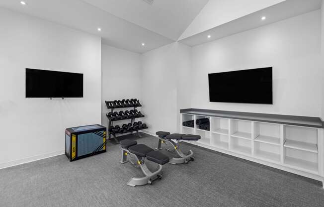 the gym with weights and a tv on the wall