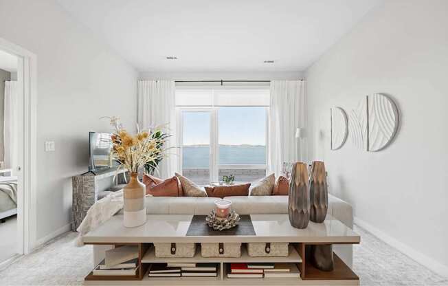 A modern living room with a large window overlooking the ocean.
