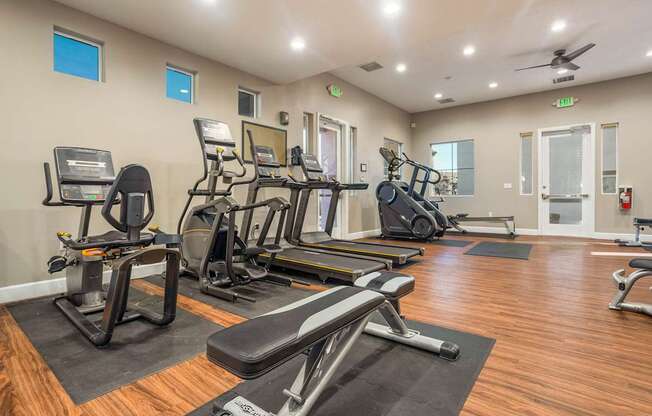 A gym with a variety of equipment including treadmills, elliptical machines, and weight machines.