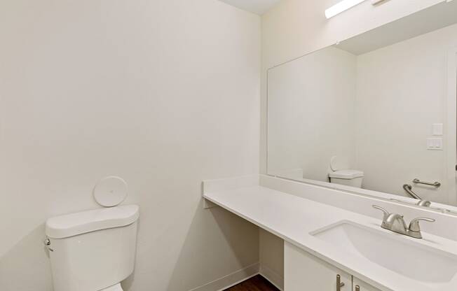 A bathroom with a white vanity sink, under sink cabinets, a large mirror, and a toilet to the left.