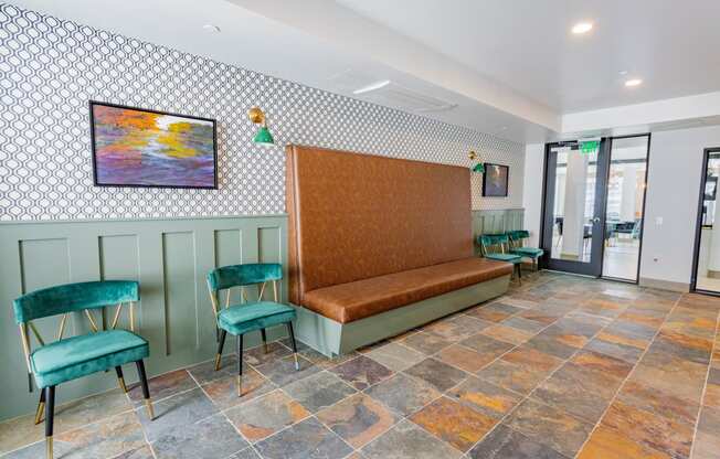 resident kitchen with stylish seating at Bayswater Apartments, California