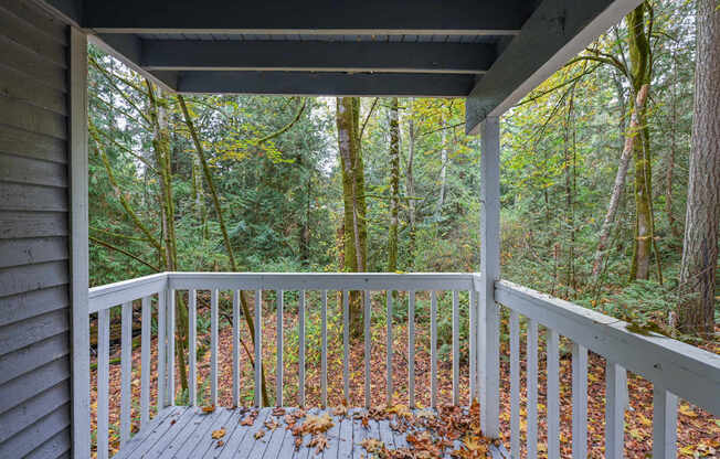 A wooden deck with a railing and leaves on the ground.