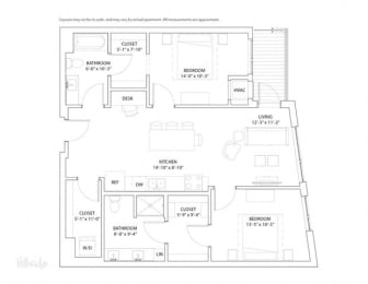 2 beds, 2 baths, 1,091 sqft, $2,634