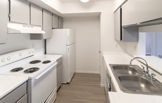 a kitchen with white appliances, a double stainless steel sink, and gray cabinets