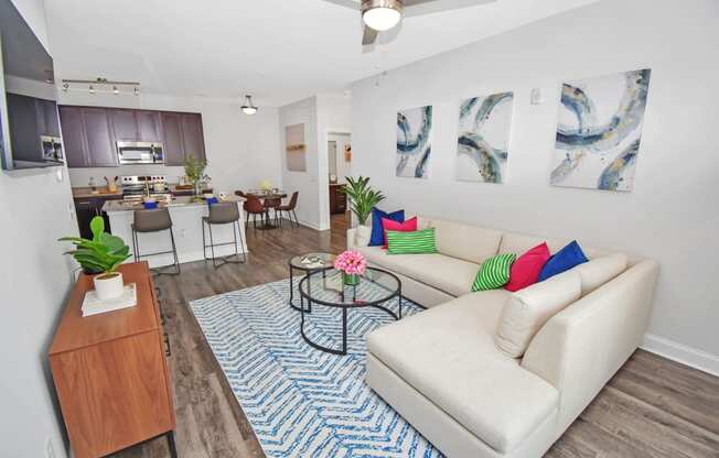 a living room with a white couch and a blue and white rug