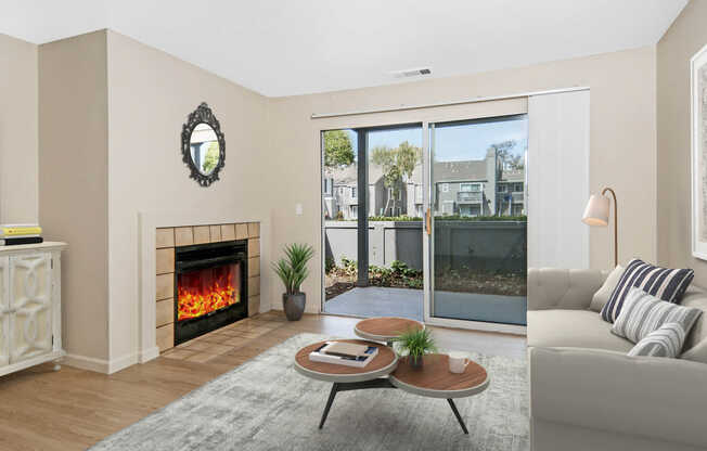 Living Room with Hard Surface Flooring, Fireplace and Patio