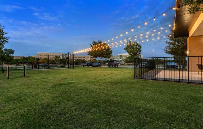 A lawn with a fence and string lights.