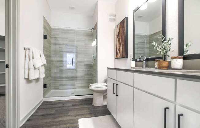 A bathroom with a toilet, sink, and mirror.