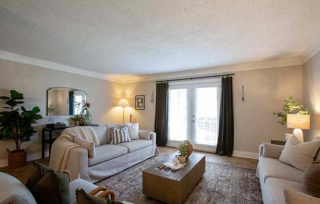 A living room with a couch, a coffee table, and a potted plant.
