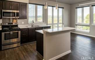 Kitchen island at LaScala Apartments in Beaverton, Oregon